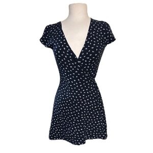 Brandy Melville Robbie Ditsy Floral Print Flutter Sleeve Mini Wrap Dress Blue